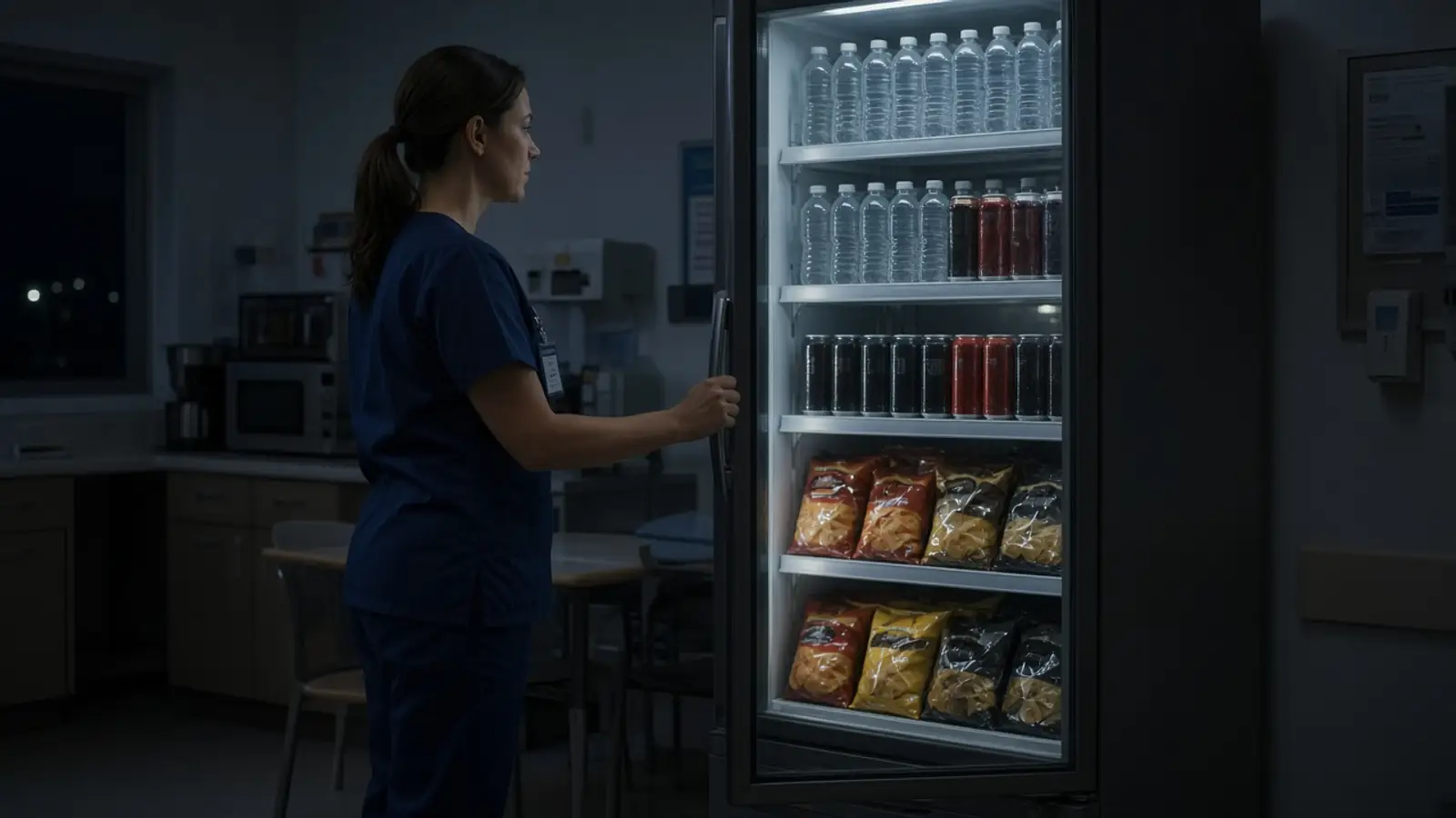 A nurse in scrubs opens a smart cooler of drinks and snacks in a hospital break room at night.