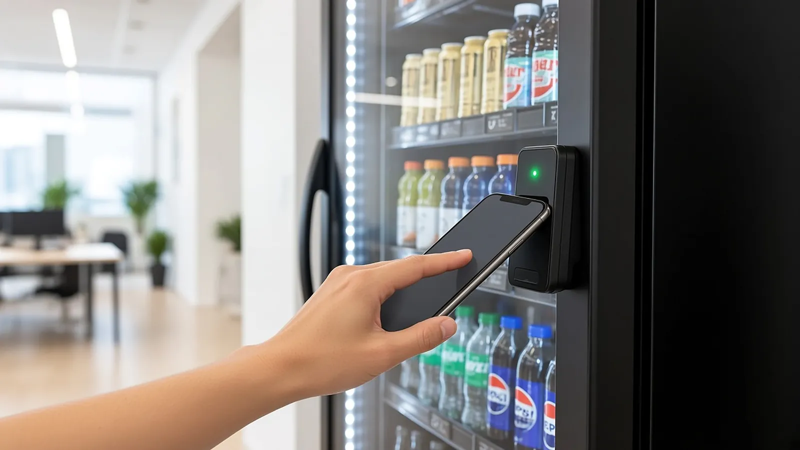 A hand taps a phone on a smart cooler's reader to unlock the door in an open office.