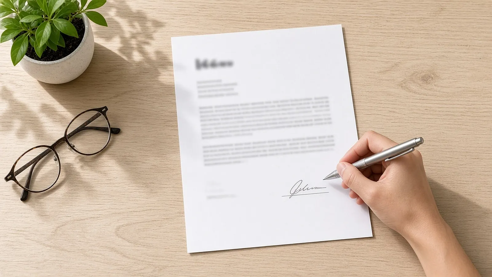 A hand signs an agreement on a light oak desk beside glasses and a plant.