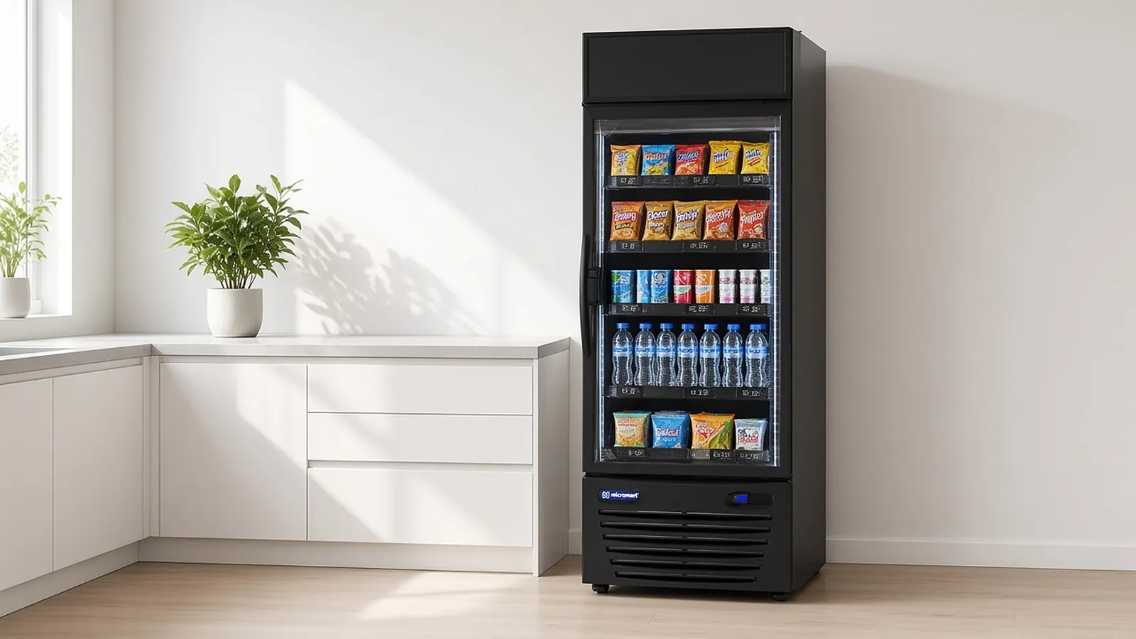 A single smart cooler of snacks and water in a bright, white medical office break room.