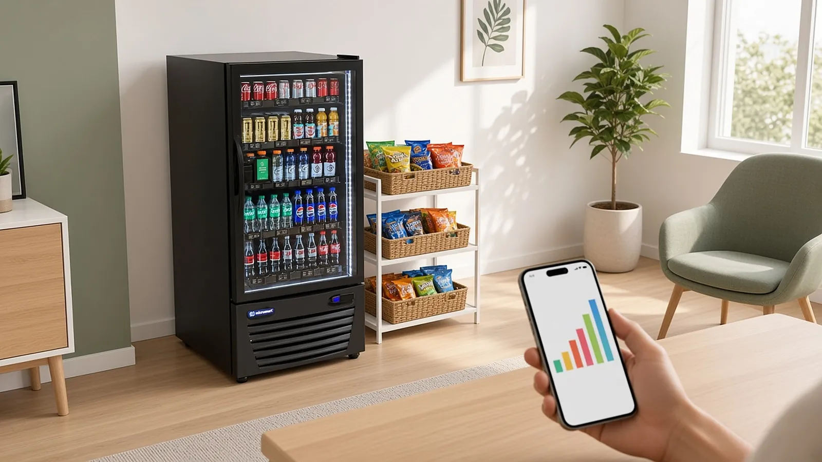 A compact smart cooler and snack shelf in a sunny apartment amenity room.