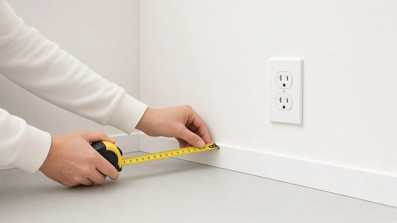 Hands run a tape measure along a white wall toward a standard outlet during a site walk.