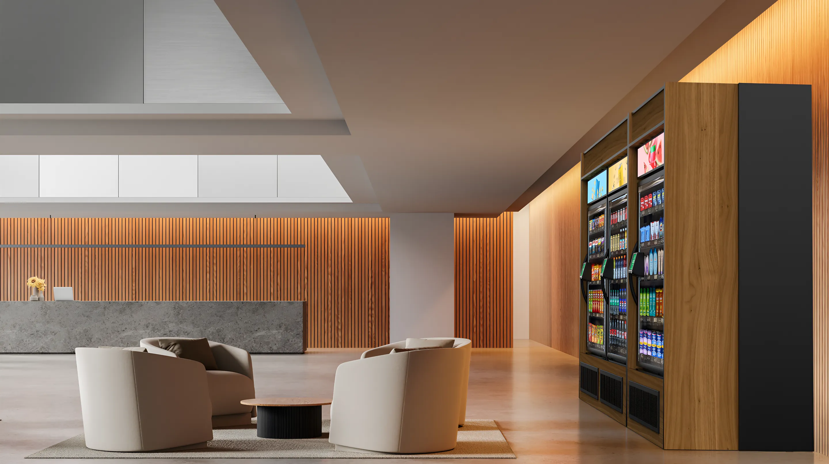 Built-in micro-market wall in a wood-panelled lobby